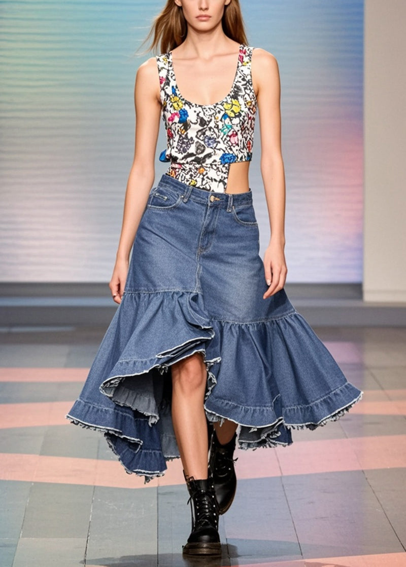 Elegant Blue Ruffled Patchwork Side Open Denim Skirts Spring