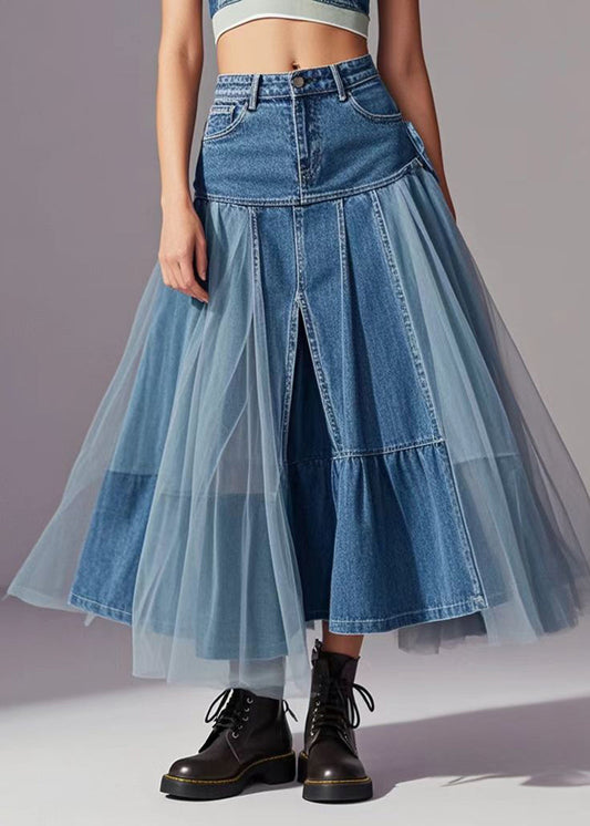 Elegant Blue Tulle Patchwork Exra Large Hem Denim Skirts Spring