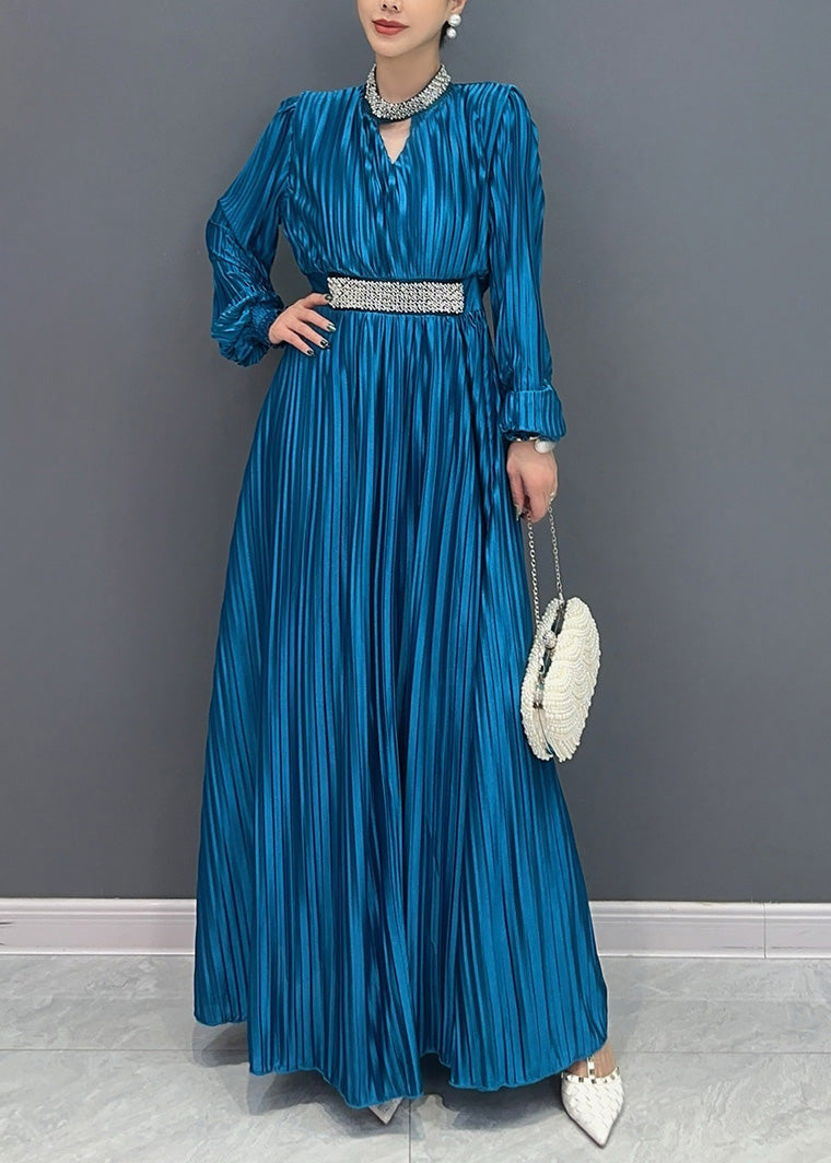 Elegant Blue V Neck Wrinkled Maxi Dress Long Sleeve