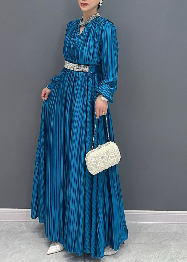 Elegant Blue V Neck Wrinkled Maxi Dress Long Sleeve