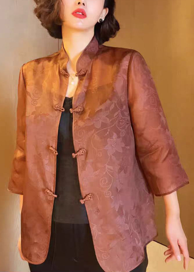 Elegant Brown Stand Collar Button Print Silk Blouses Summer