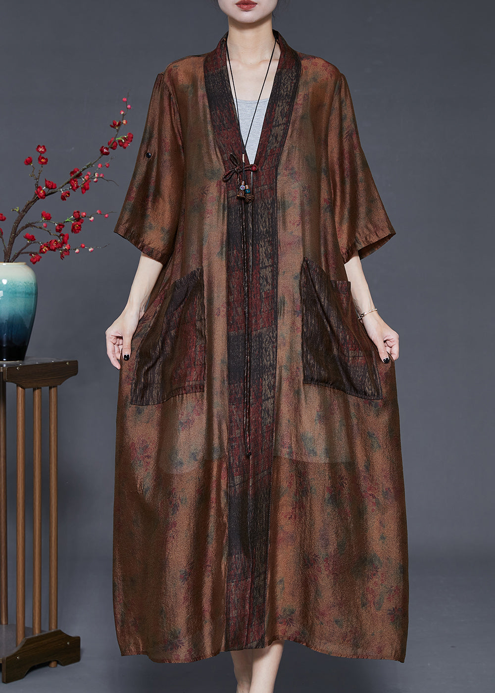 Elegant Brown Tasseled Tie Dye Silk Cardigans Summer