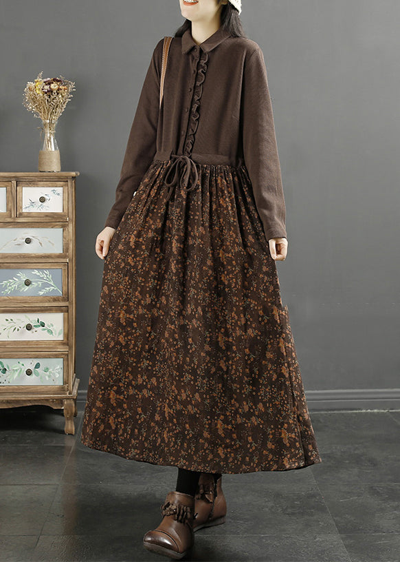 Elegant Coffee Ruffled Print Knit Patchwork Long Dress Long Sleeve