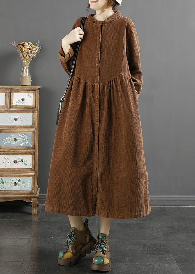 Elegant Coffee Square Collar Wrinkled Patchwork Corduroy Long Trench Coats Long Sleeve