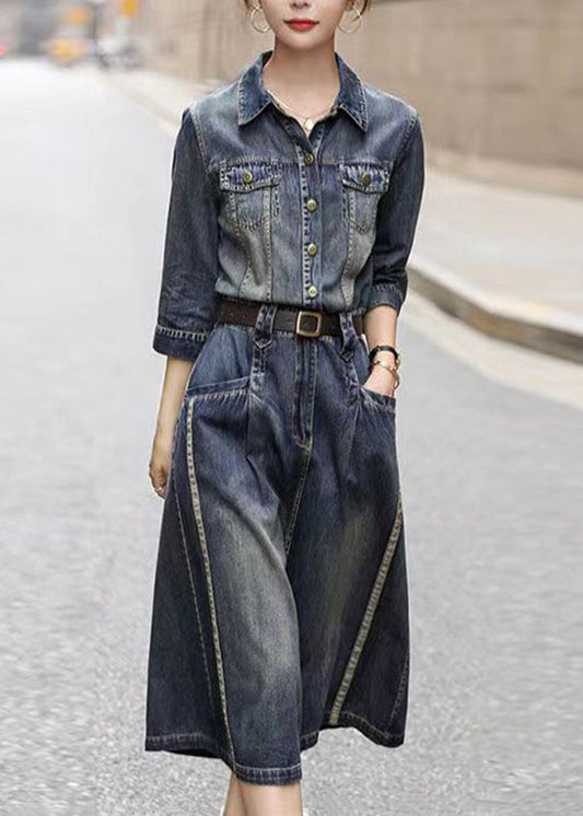 Elegant Denim Blue Peter Pan Collar Patchwork Sashes Long Shirts Dresses Fall