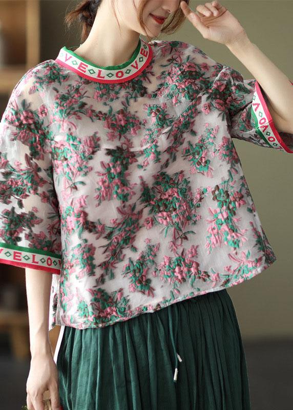 Elegant Embroideried retro O-Neck Summer Floral Blouses Half Sleeve - SooLinen