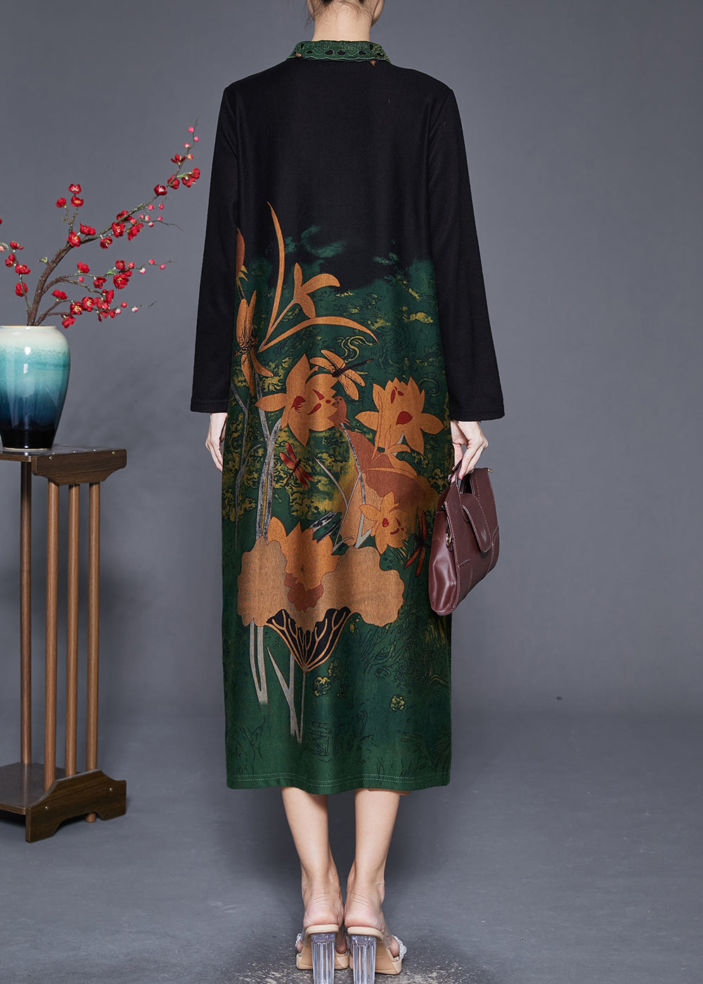 Elegant Green Print Peter Pan Collar Silk Long Dresses Fall