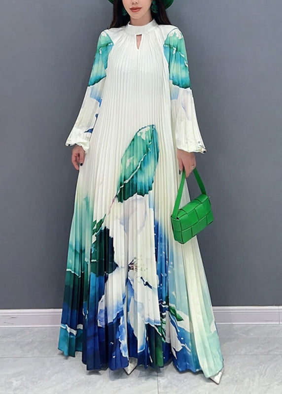 Elegant Green Turtleneck Print Tie Waist Long Dresses Long Sleeve