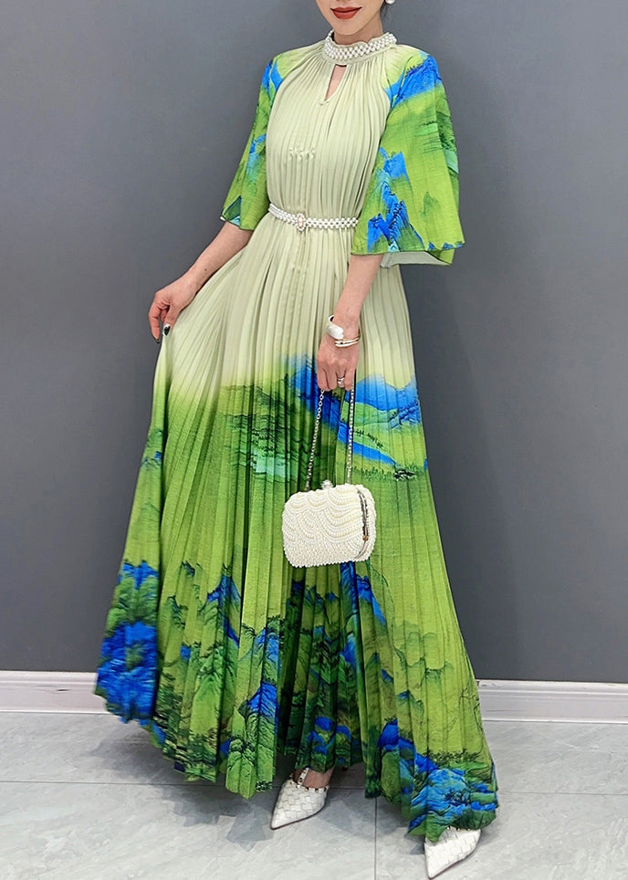 Elegant Green Turtleneck Print Tie Waist Maxi Dress Half Sleeve