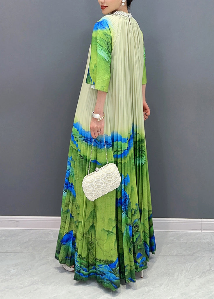 Elegant Green Turtleneck Print Tie Waist Maxi Dress Half Sleeve