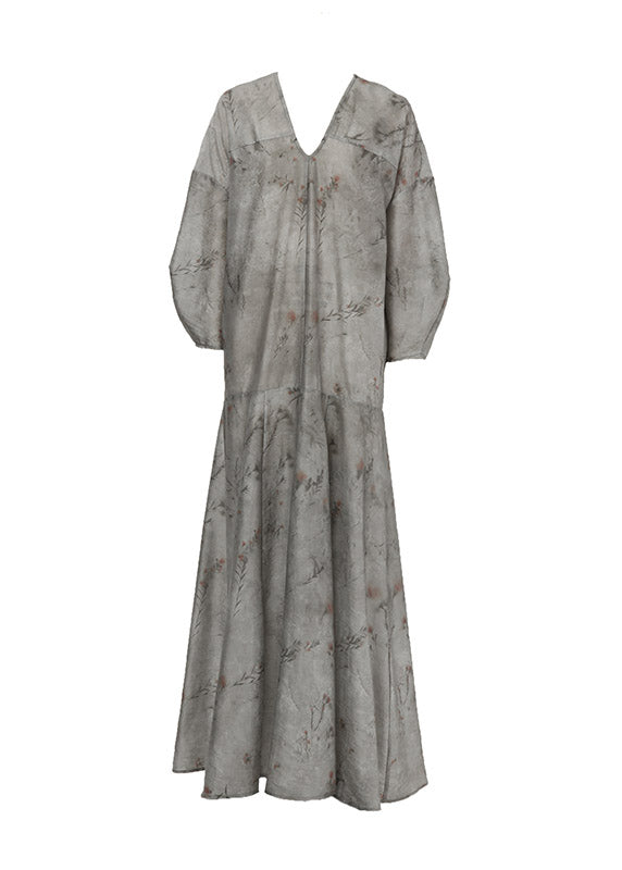 Elegant Grey V Neck Print Patchwork Silk Holiday Maxi Dress Long Sleeve