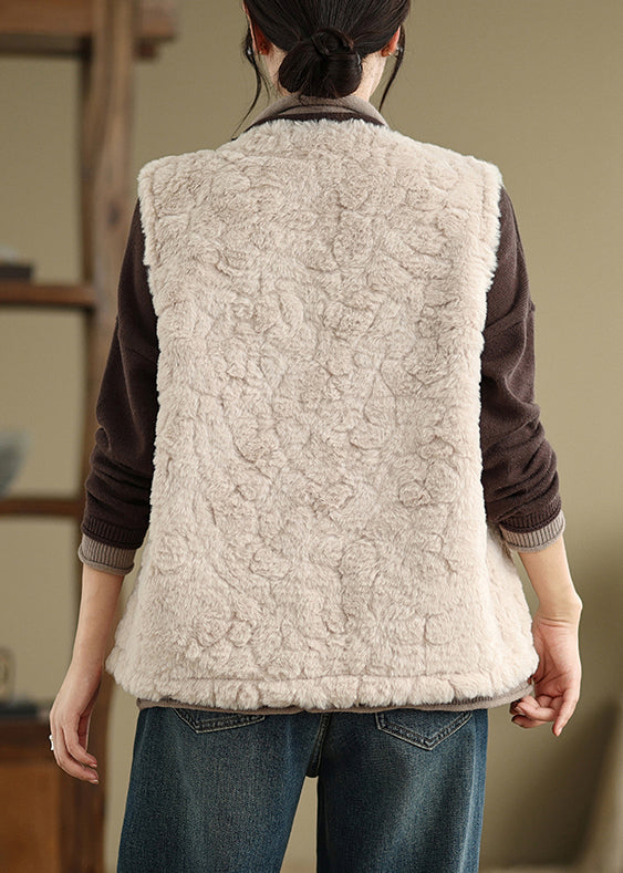 Elegant Khaki Button Pockets Teddy Faux Fur Waistcoat Sleeveless