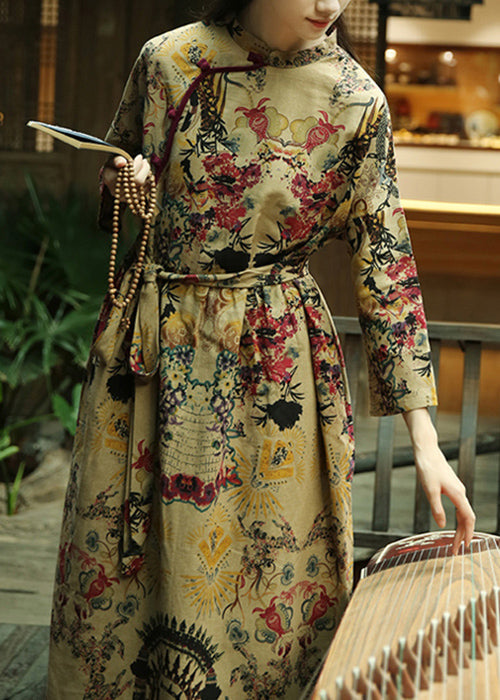 Elegant Khaki Button Print Patchwork Cotton Long Dresses Fall