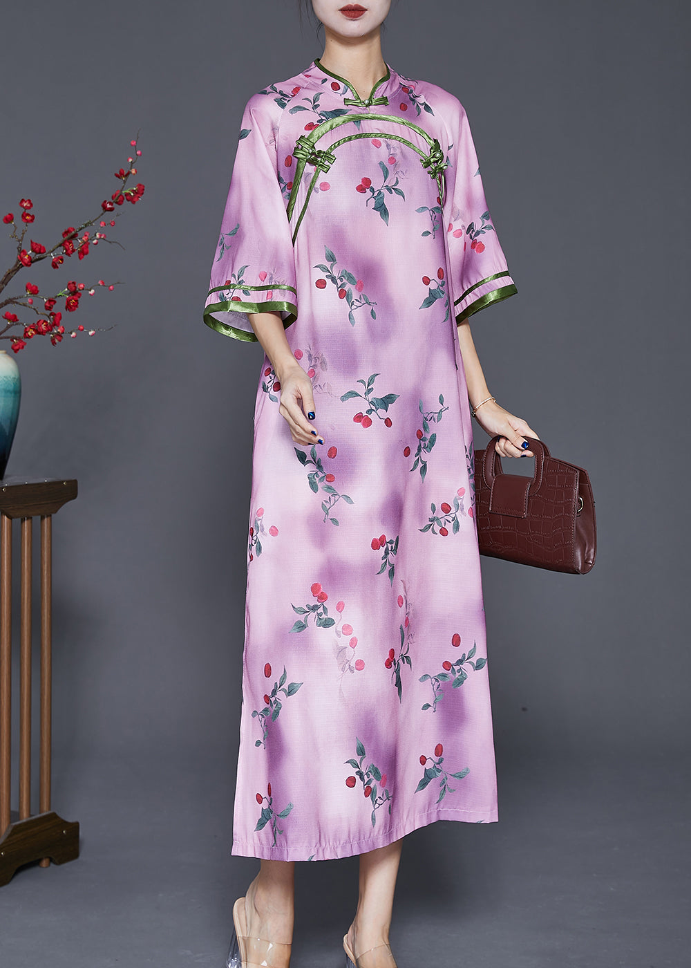 Elegant Light Purple Print Chinese Style Long Dresses Half Sleeve