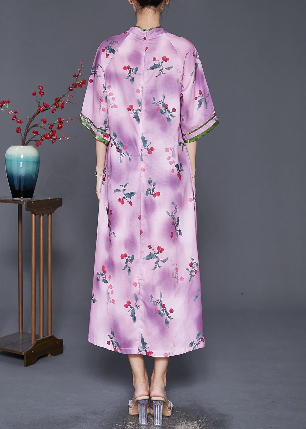 Elegant Light Purple Print Chinese Style Long Dresses Half Sleeve