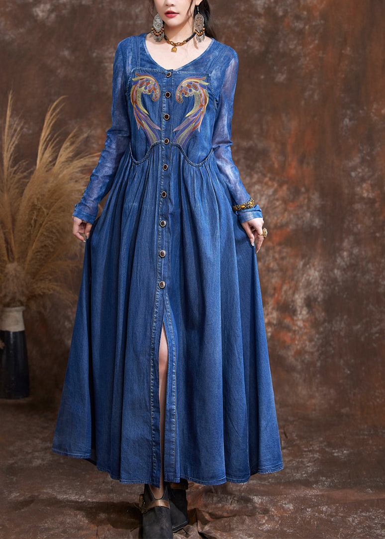 Elegant Navy O-Neck Embroidered Button Robe Denim Dresses Spring