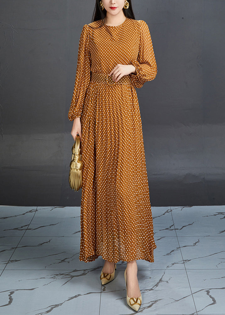 Elegant Orange Dot High Waist Chiffon Long Dress Fall