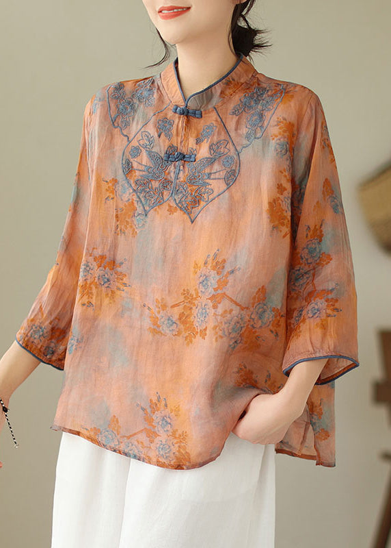 Elegant Orange Embroidered Print Cotton Shirts Half Sleeve