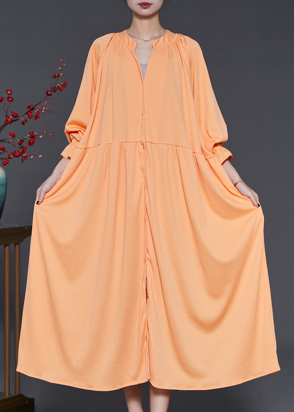 Elegant Orange Oversized Chiffon Holiday Dresses Lantern Sleeve