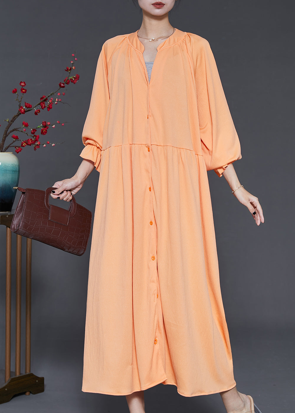 Elegant Orange Oversized Chiffon Holiday Dresses Lantern Sleeve