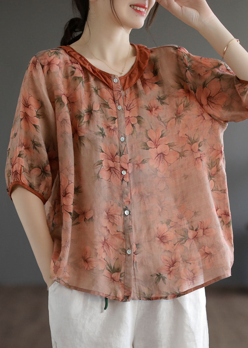 Elegant Orange Ruffled Print Patchwork Linen Shirt Top Summer