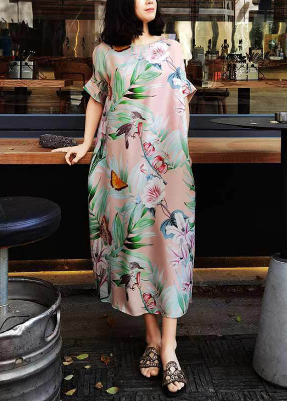 Elegant Pink O Neck Print Silk Long Dresses Summer