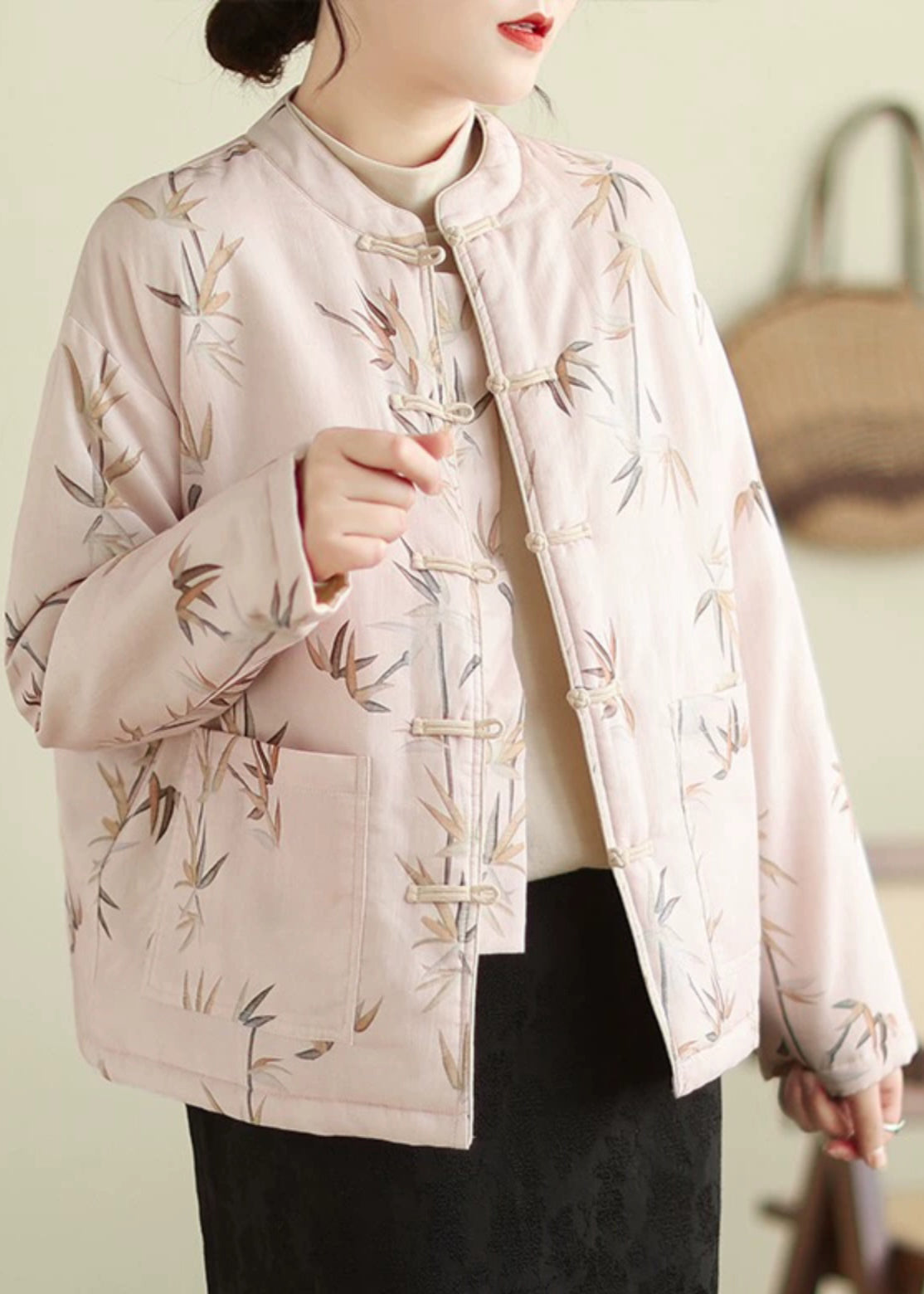 Elegant Pink Stand Collar Button Print Thick Coats Winter