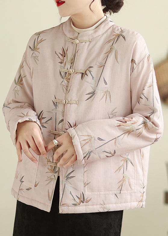 Elegant Pink Stand Collar Button Print Thick Coats Winter