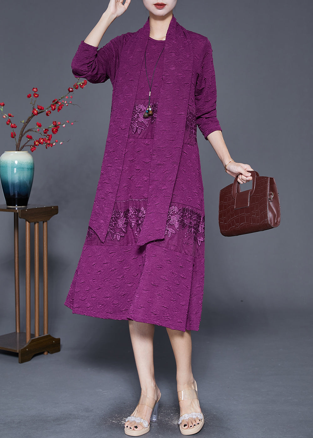 Elegant Purple Embroidered Patchwork Scarf Long Dress Fall