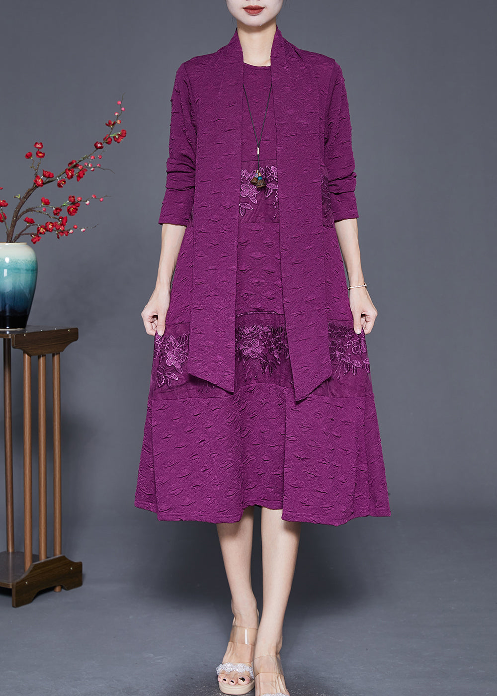 Elegant Purple Embroidered Patchwork Scarf Long Dress Fall