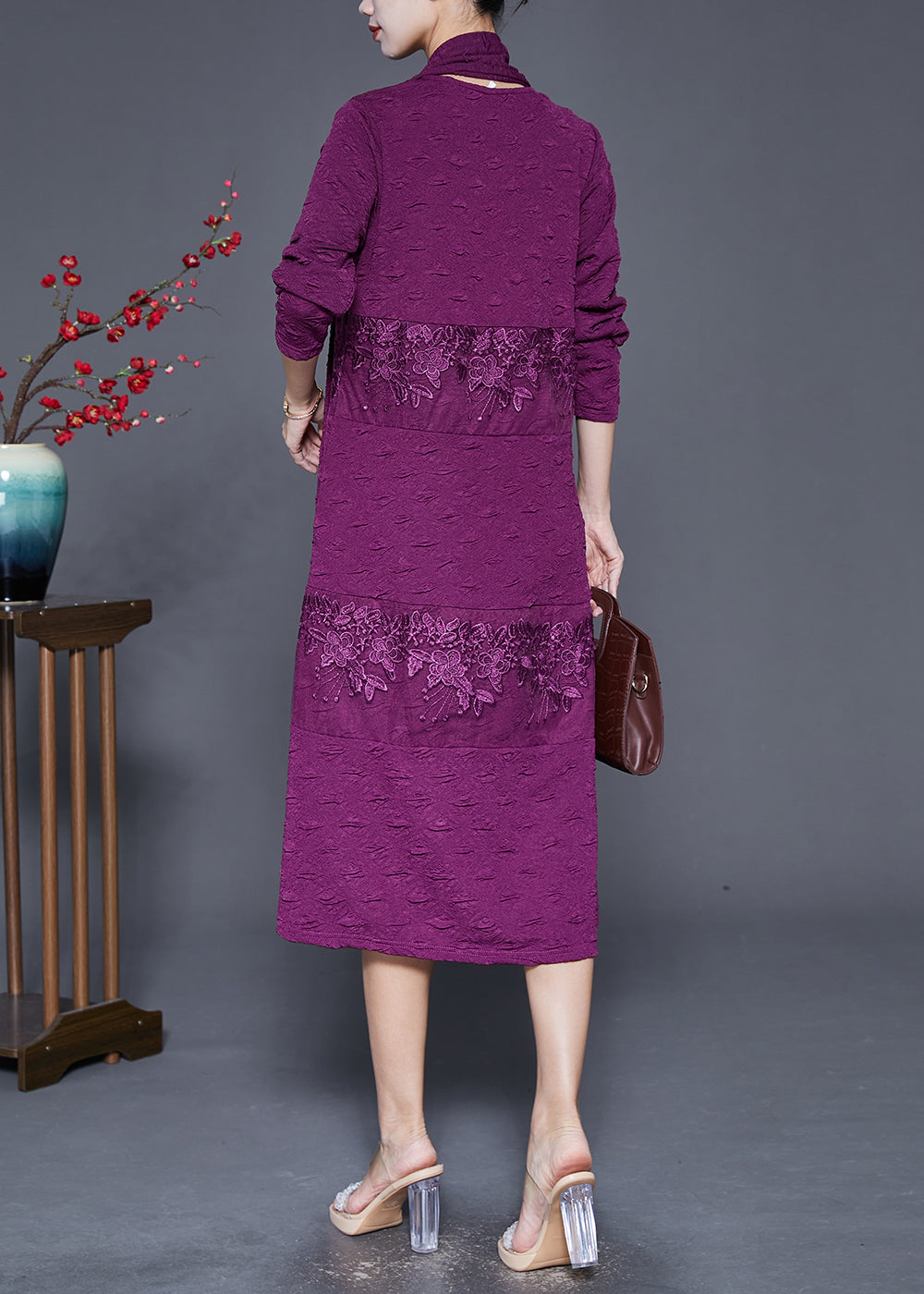 Elegant Purple Embroidered Patchwork Scarf Long Dress Fall