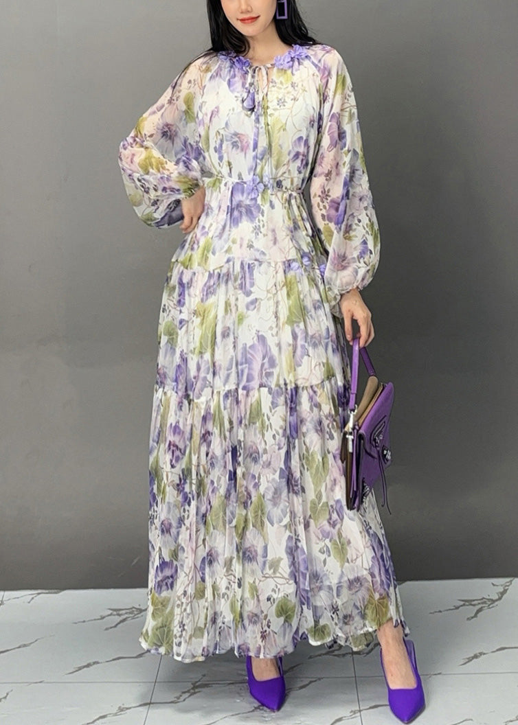 Elegant Purple Lace Up Print Chiffon Fall Long Dress