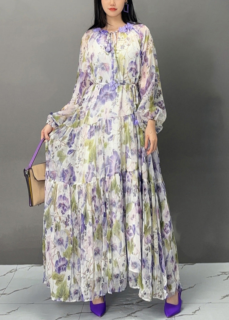 Elegant Purple Lace Up Print Chiffon Fall Long Dress