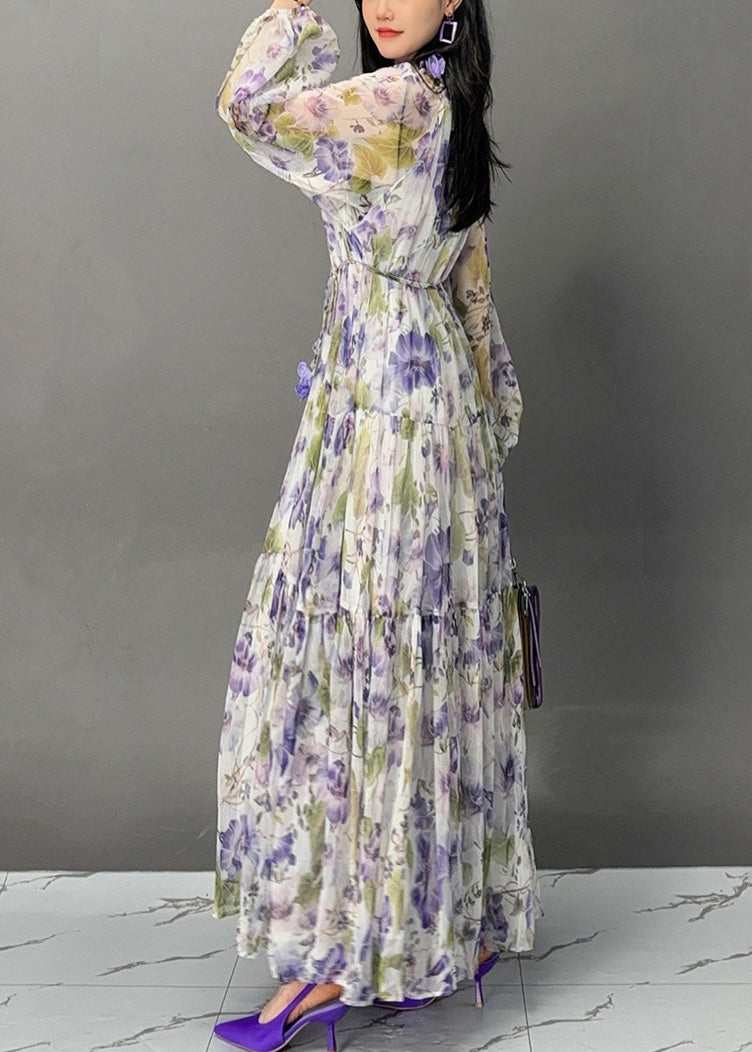 Elegant Purple Lace Up Print Chiffon Fall Long Dress