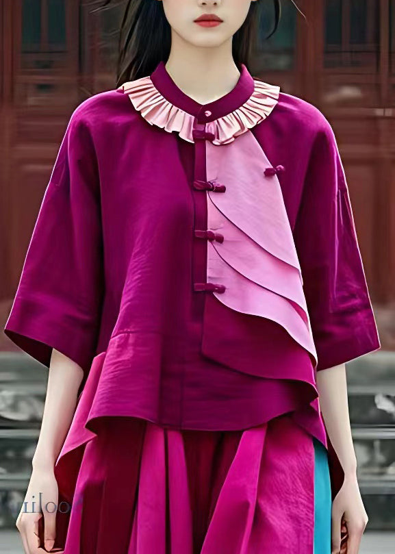 Elegant Purple O-Neck Patchwork Low High Design Shirt Half Sleeve