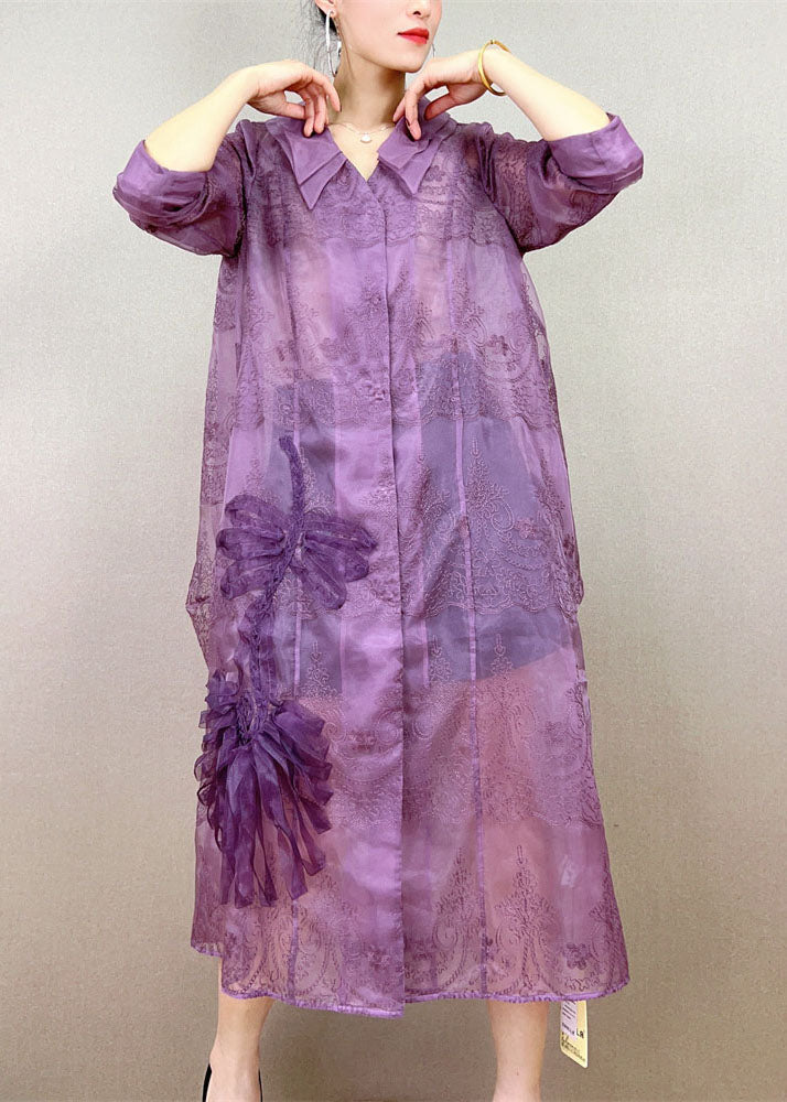 Elegant Purple Peter Pan Collar Embroidered Patchwork Tulle Trench Summer