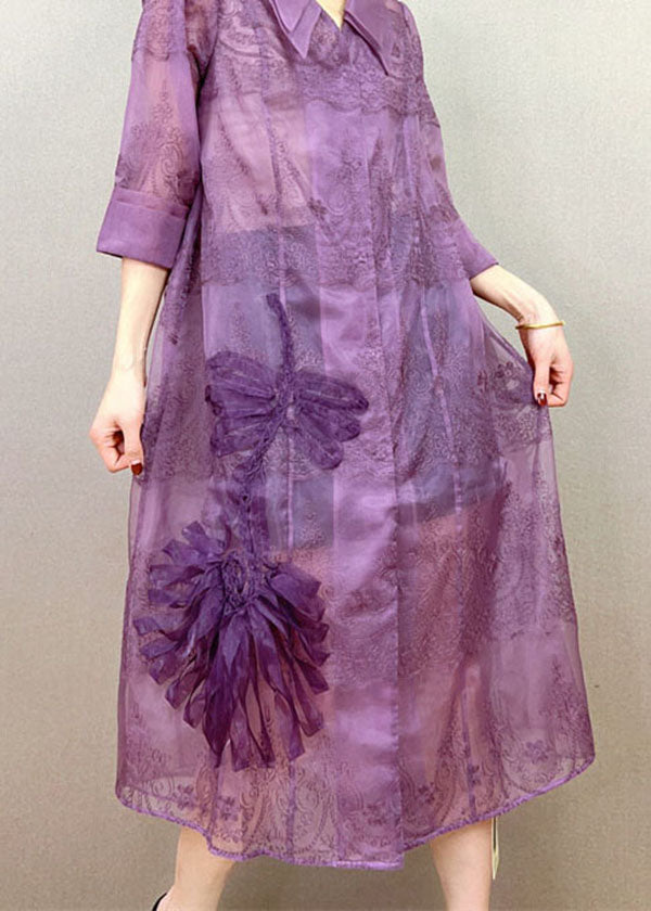 Elegant Purple Peter Pan Collar Embroidered Patchwork Tulle Trench Summer