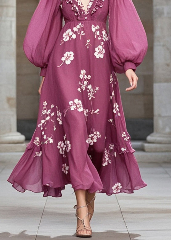 Elegant Purple Ruffled Print Chiffon Robe Dresses Fall