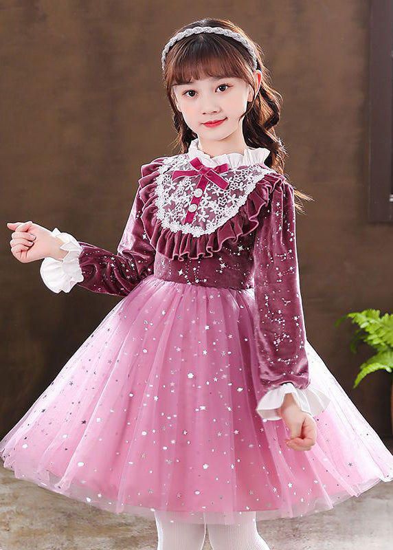 Elegant Purple Ruffled Velour Patchwork Tulle Baby Girls Dress Fall