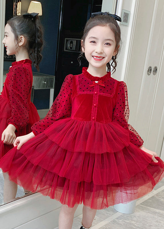 Elegant Red Dot Print Tulle Kids Long Princess Dress Long Sleeve