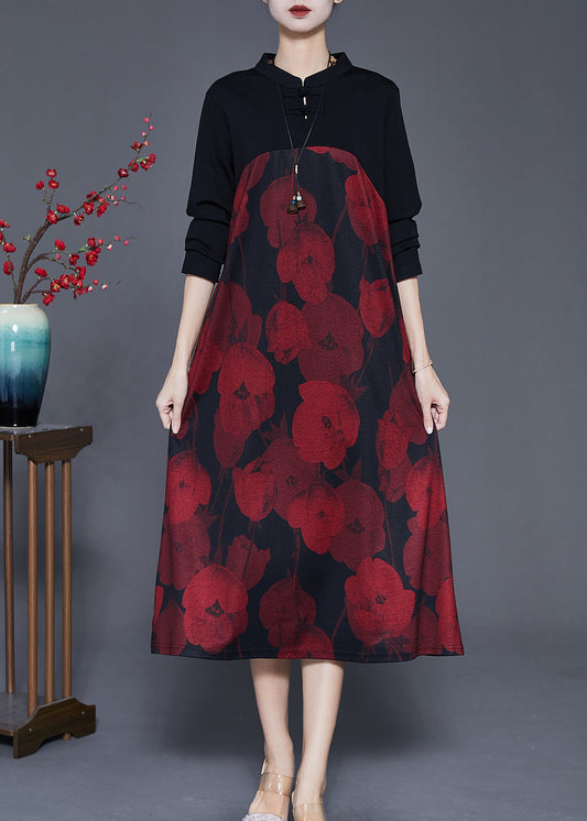 Elegant Red Mandarin Collar Print Cotton Holiday Dress Spring