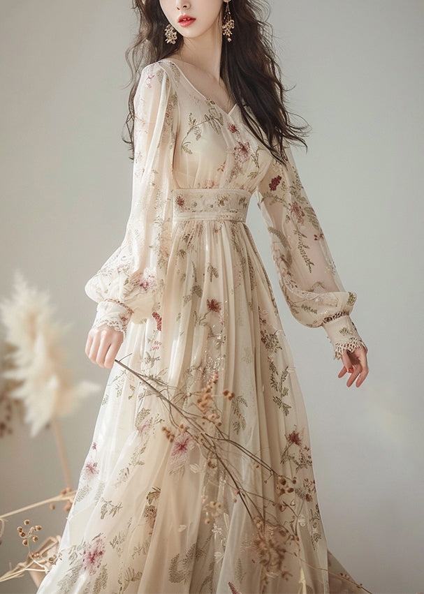 Elegant V Neck Print High Waist Chiffon Dress Long Sleeve