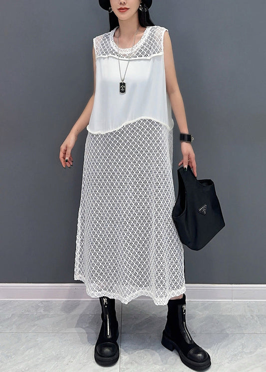 Elegant White O Neck Hollow Out Knit Dress Sleeveless