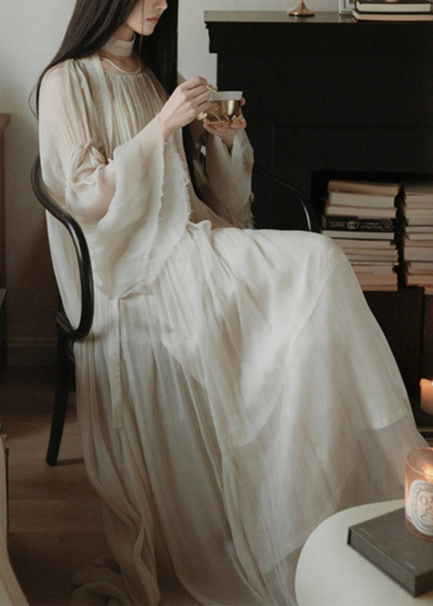 Elegant White Solid Wrinkled Silk Cotton Long Dress Flare Sleeve