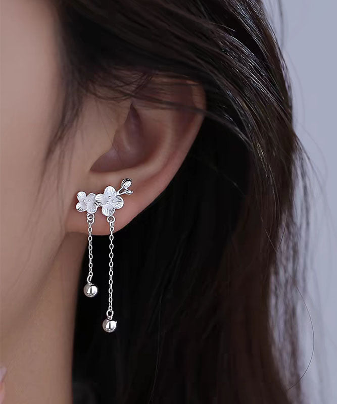 Elegant White Sterling Silver Plum Blossom Tassel Drop Earrings