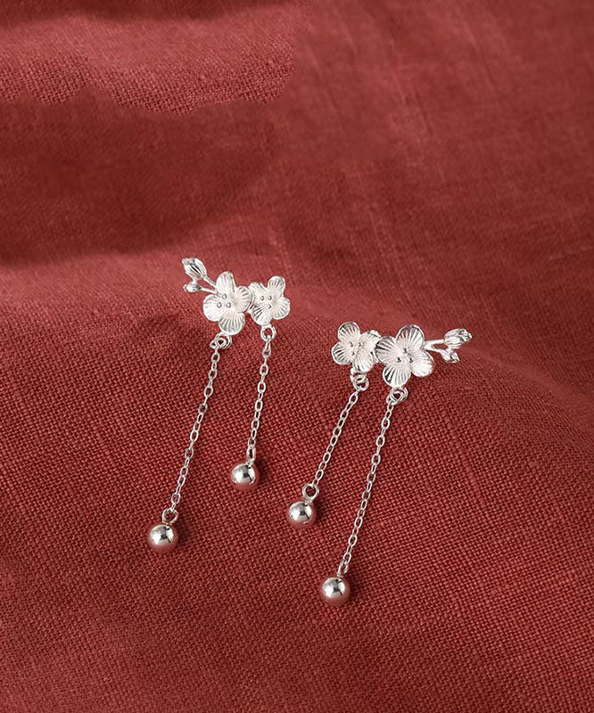 Elegant White Sterling Silver Plum Blossom Tassel Drop Earrings