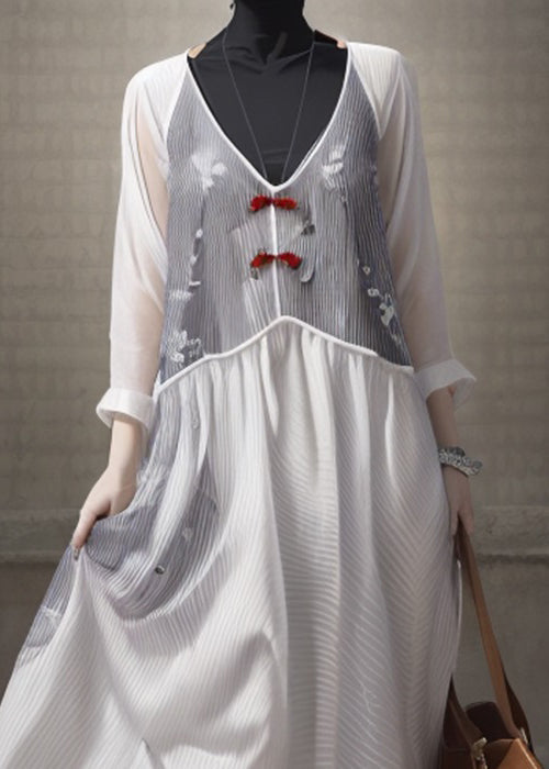 Elegant White V Neck Patchwork Silk Dresses Long Sleeve