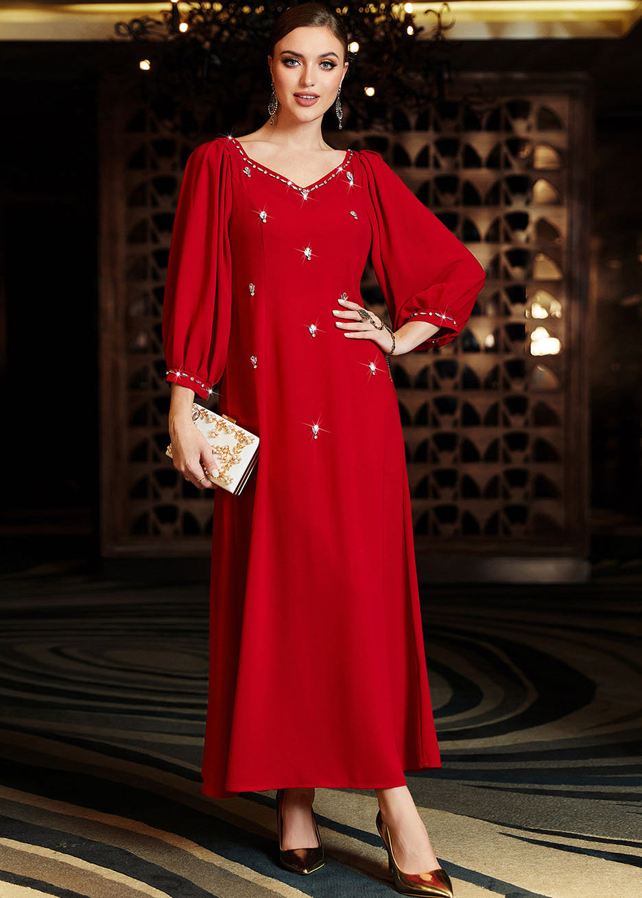 Elegant Wine Red V Neck Patchwork Zircon Chiffon Maxi Dress Long Sleeve