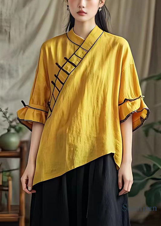 Elegant Yellow V Neck Solid Cotton Blouses Half Sleeve