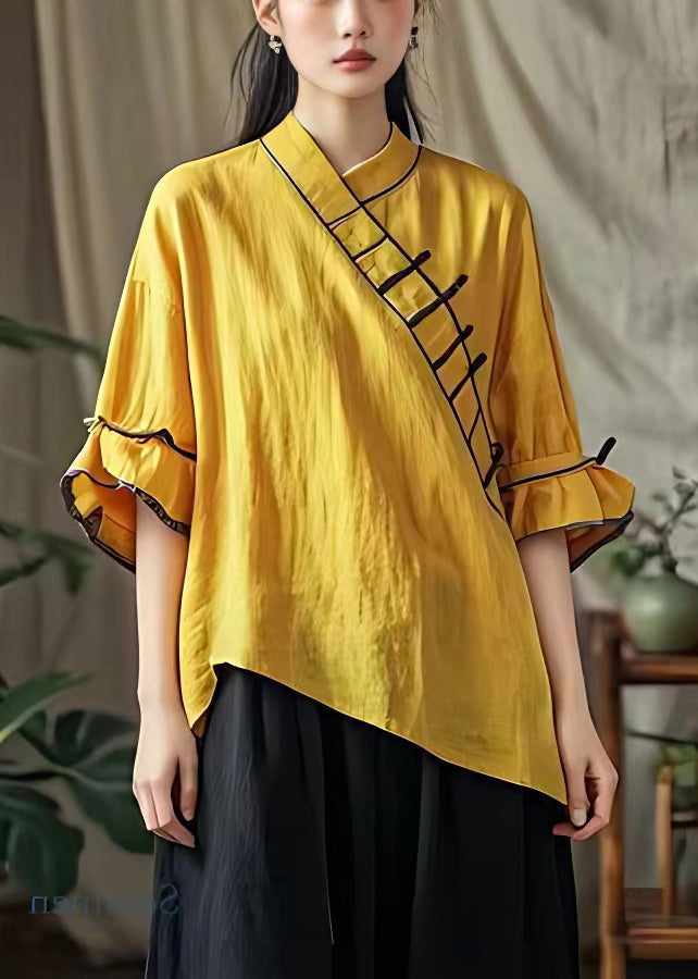 Elegant Yellow V Neck Solid Cotton Blouses Half Sleeve